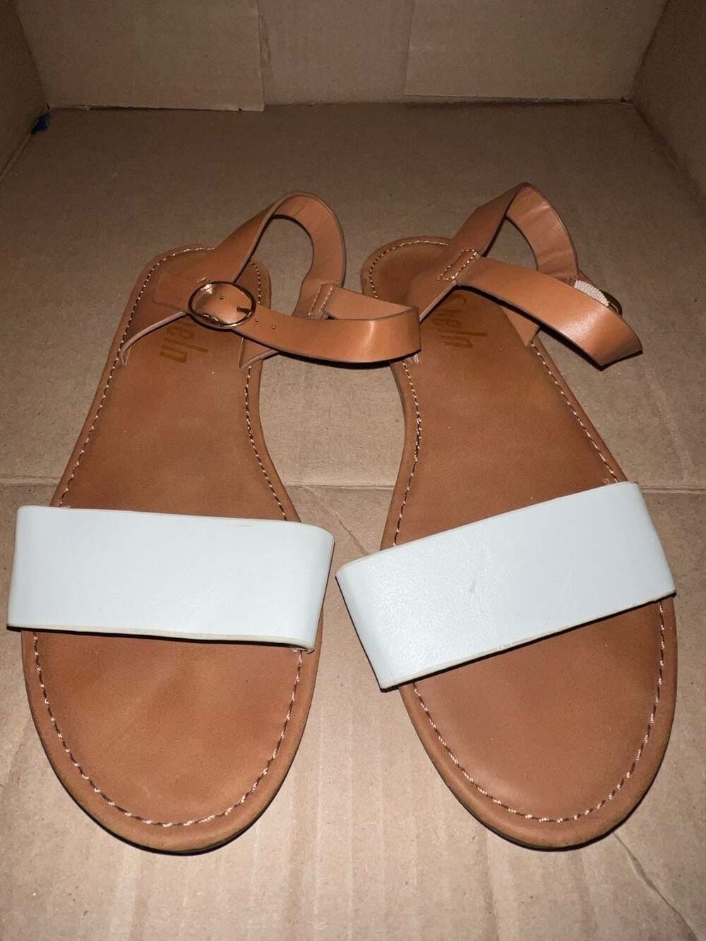 SHEIN Two-Tone Ankle Strap Flat Sandals, White and Brown